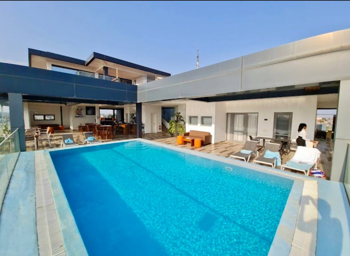 The rooftop pool at Osu Residences overlooking Accra